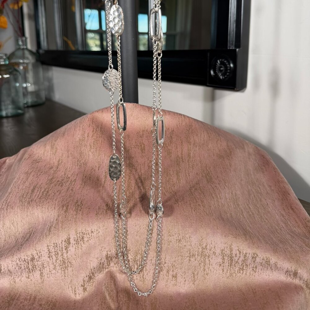 Long Silver Multi-Chain Necklace with Hammered Links - 40"